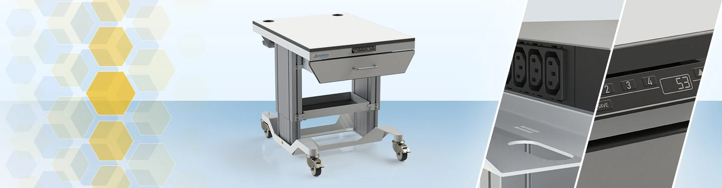 Laboratory instrument table of the HPLC series. Additional detail images of the connector strip and the control panel