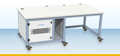 QE series laboratory equipment table with single, left-sided sound insulation