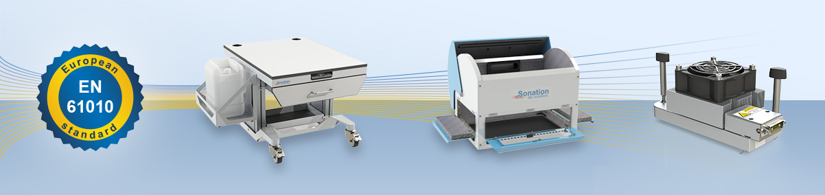 Graphical seal for the European standard EN 61010 and pictures of a laboratory equipment table, a soundproof hood and a column oven