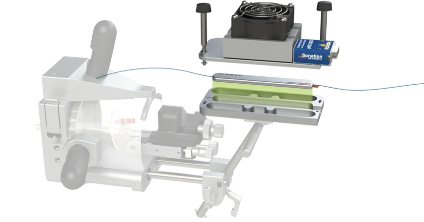 Opened Sonation column oven for µPAC columns including two columns. The mounting kit to which the column oven is mounted is shown transparently behind.