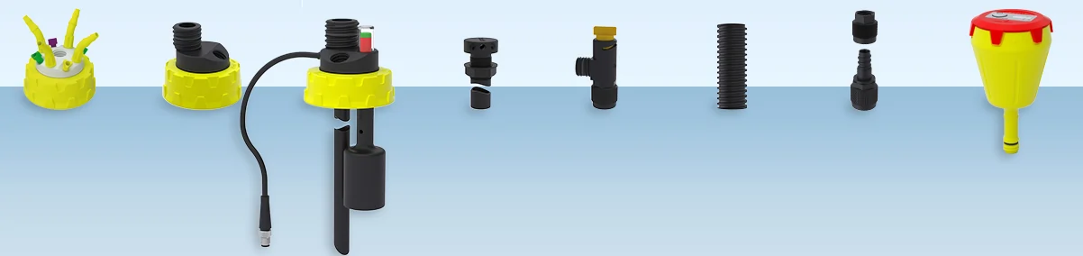 Bild der verschiedenen Waste Caps, Fittings und Ventilen